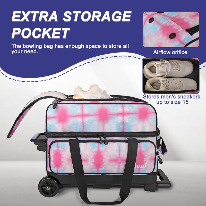 Goloni Double Roller 2 Ball Bowling Bag with Separate Shoe Compartment,2 Ball Bowling Bag with Wheels,Retractable Handle Extends to 40" - Image 2